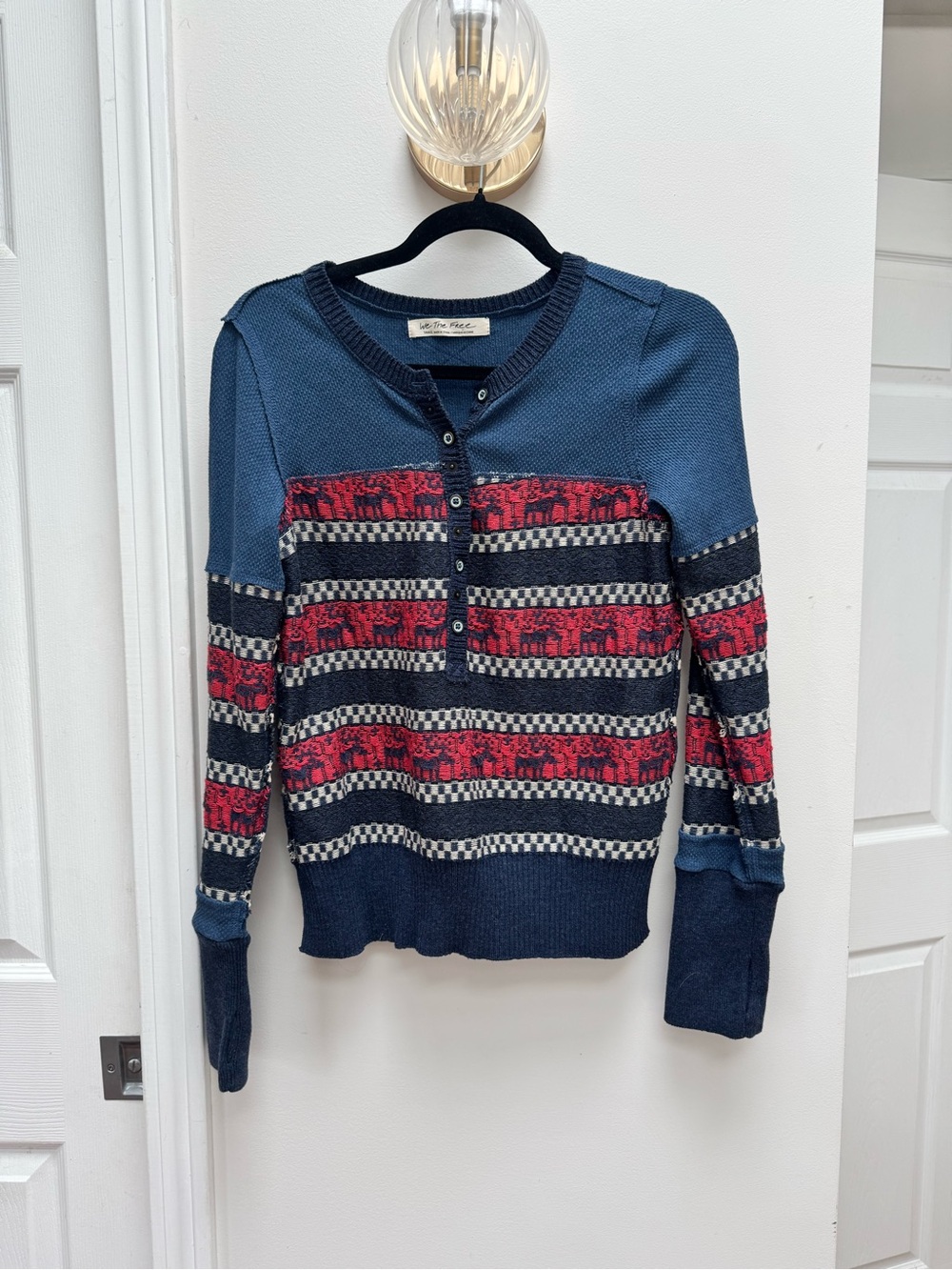 We The Free Navy and Red Striped To The Woods Henley Knit Top